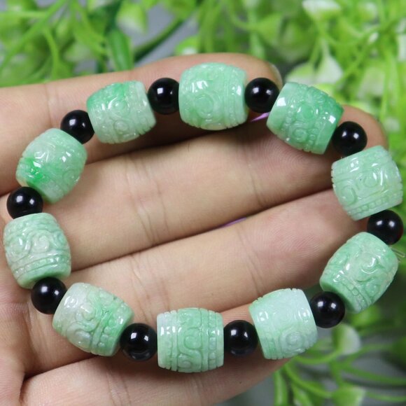 14*14*14 mm BEAD/54.96 g Cert'd Green Natural A JADE jadeite Moire Bracelet 5722 - Picture 4 of 7